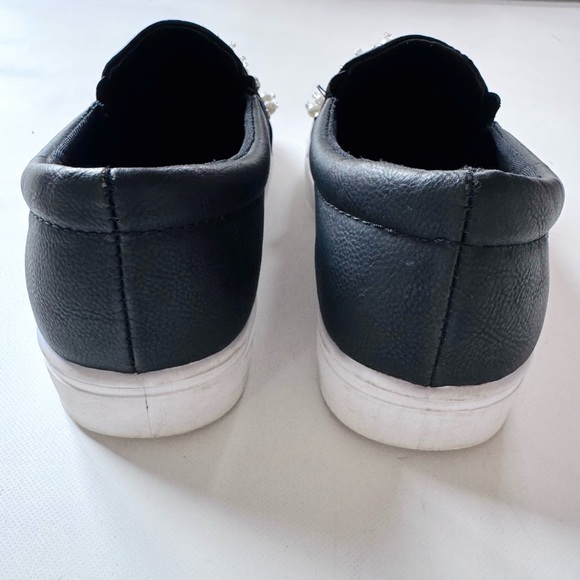 Black Faux Leather Slip On Loafers Embellished with Faux Pearls and Rhinestones - Picture 7 of 12